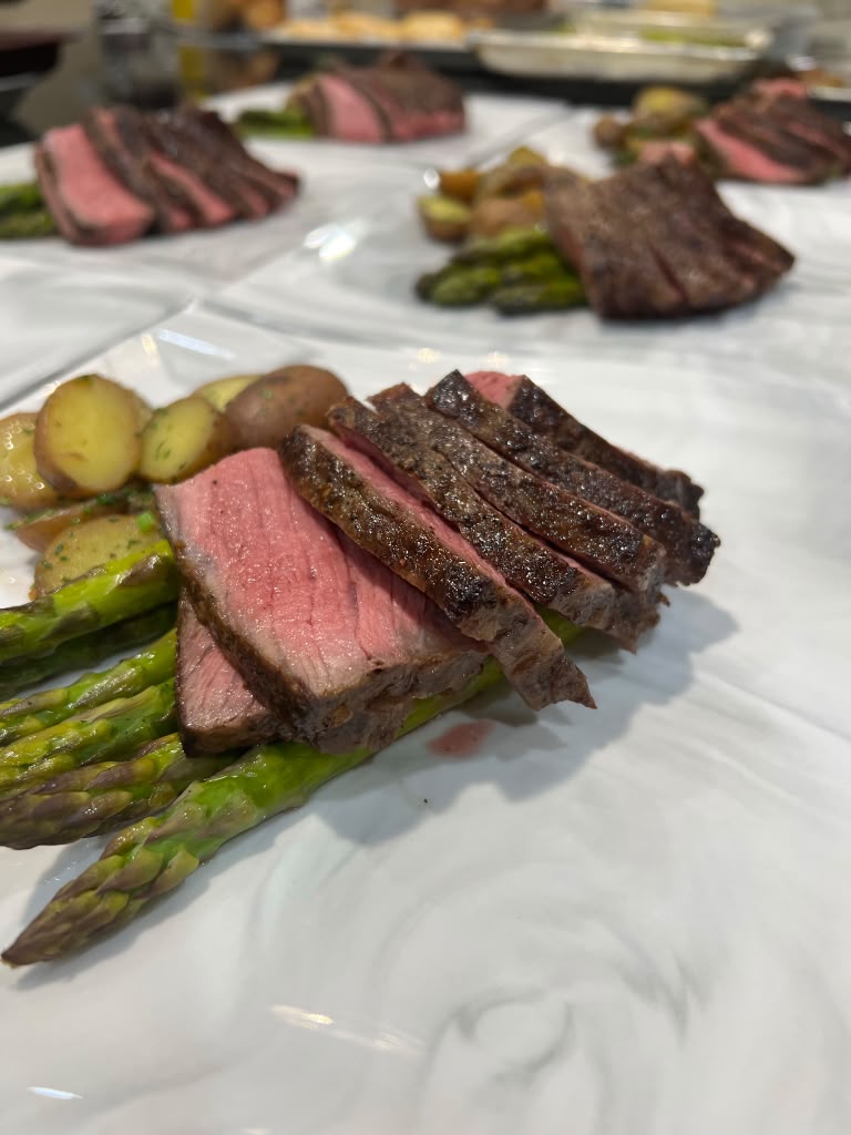 Grill Aged NY Strip Steak w Fingerling Potatoes, Asparagus